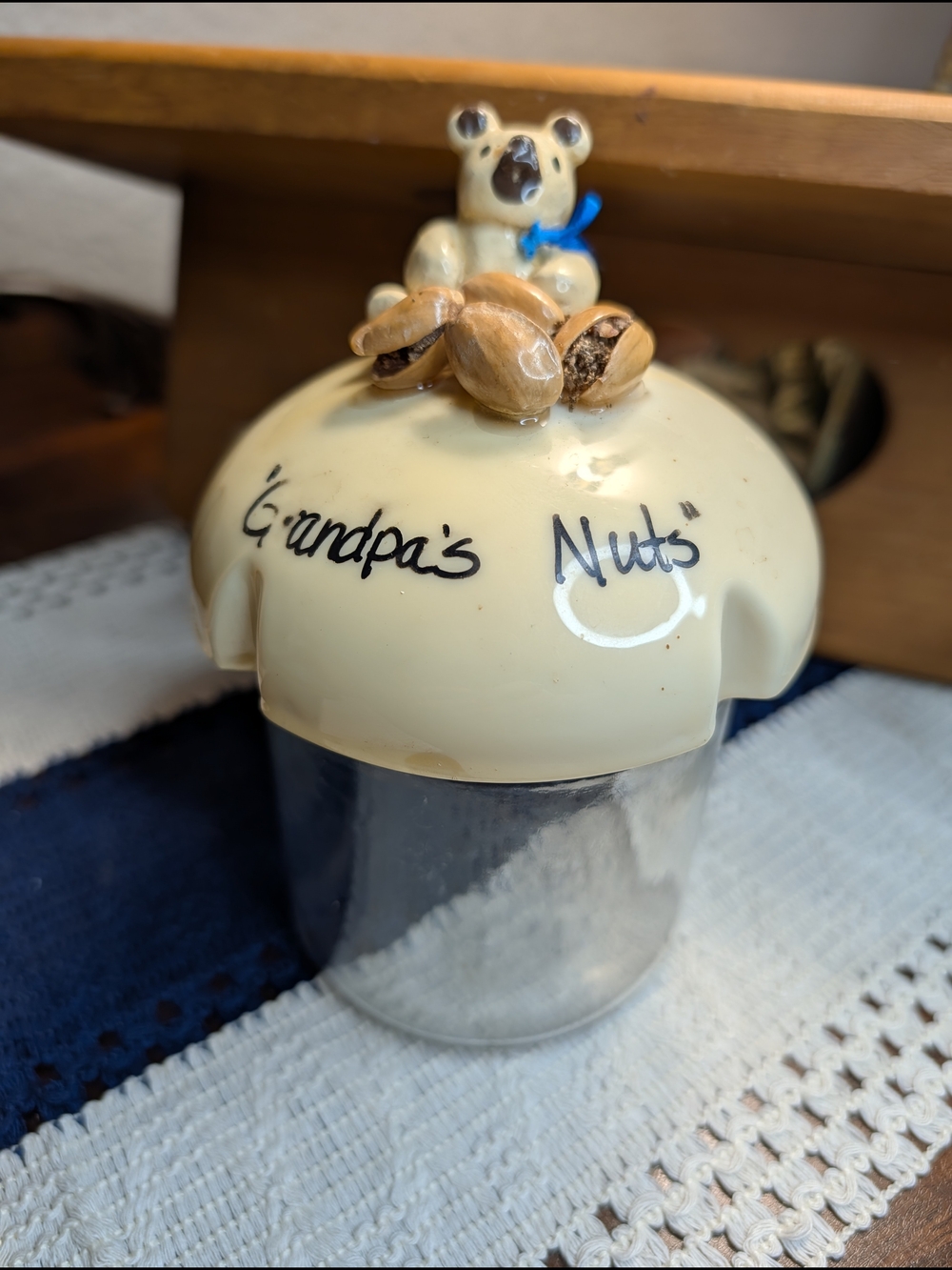 Vintage Grandpa's Nuts Bear Nut Topped Glass Jar with Bear Accent Funny Handmade